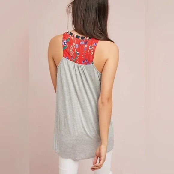 ANTHROPOLOGIE Tiny Zuma Red Floral Print Gray Sleeveless Boho Tank Top Small - Picture 2 of 8